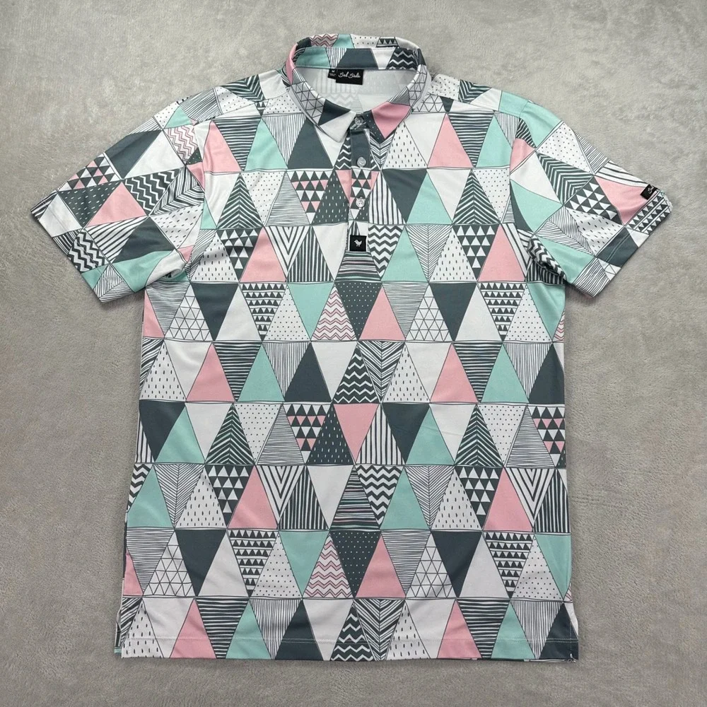 Bad Birdie Polo Shirt Mens Medium Multicolor Geometric Triangle Golf Performance - Picture 2 of 11